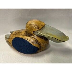 Carved Wood-Look Pelican Figurine Resin Folk Art Rustic Beach Ocean Decor